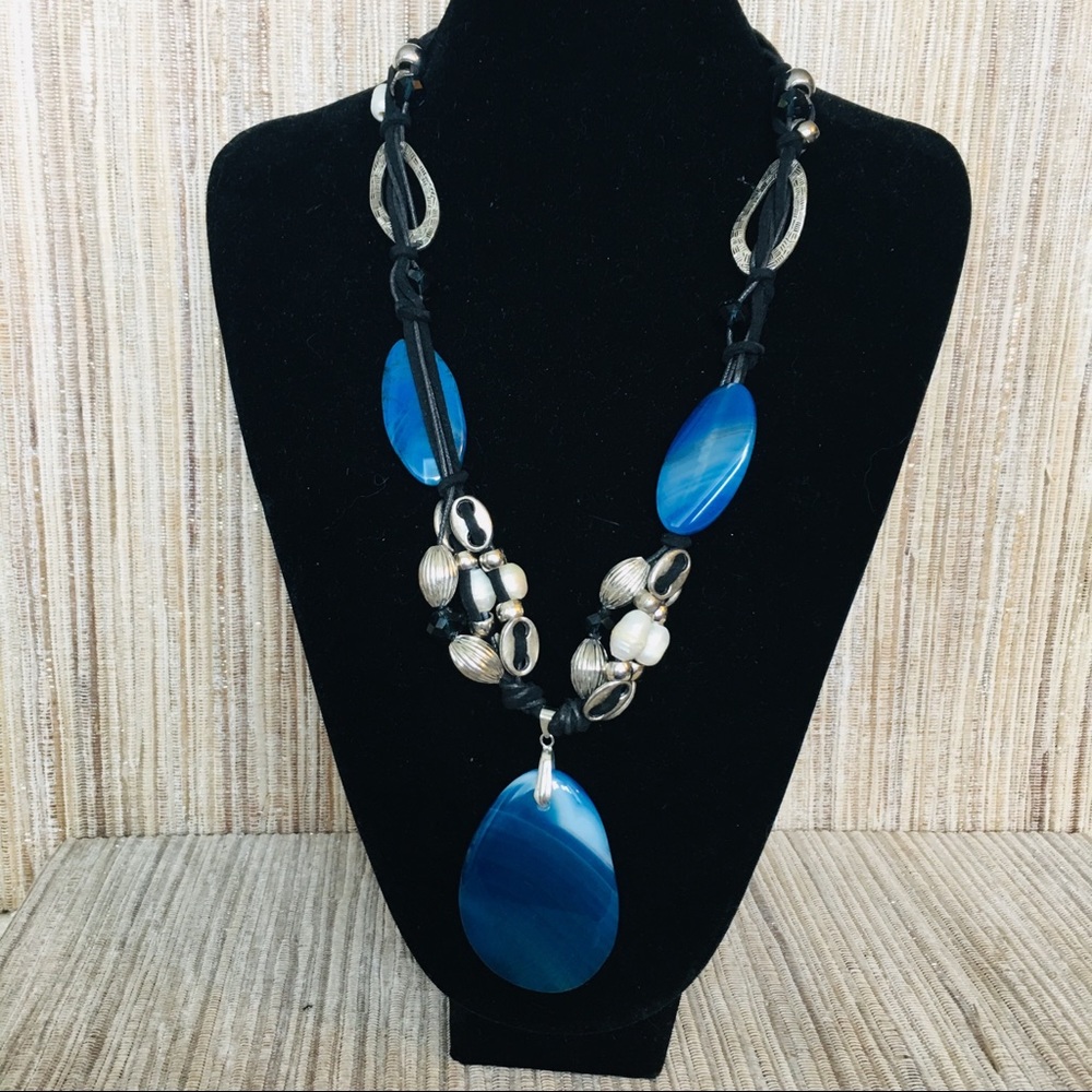 New 18K White GP Statement Blue Agate Necklace